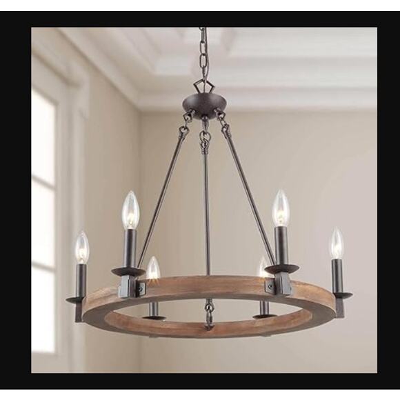 LNC Farmhouse Wagon Wheel 6Light Distressed Wood Circle Island Rustic Bronze NEW - Picture 1 of 7